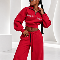 Ensemble deux pièces personnalisé pour femme en molleton 100 % coton, sweat-shirt court à demi-zip et pantalon de survêtement