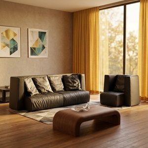 Italian Minimalist Genuine Leather Straight Row Mid for Living Room <b>Small</b> Space Top Grain Black Sponge - Product Image 1
