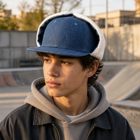 Gorro de mezclilla estilo trapper con orejeras plegables, forro de piel sintética, gorra Ushanka con visera plana, correa ajustable, estilo béisbol, cálido para invierno