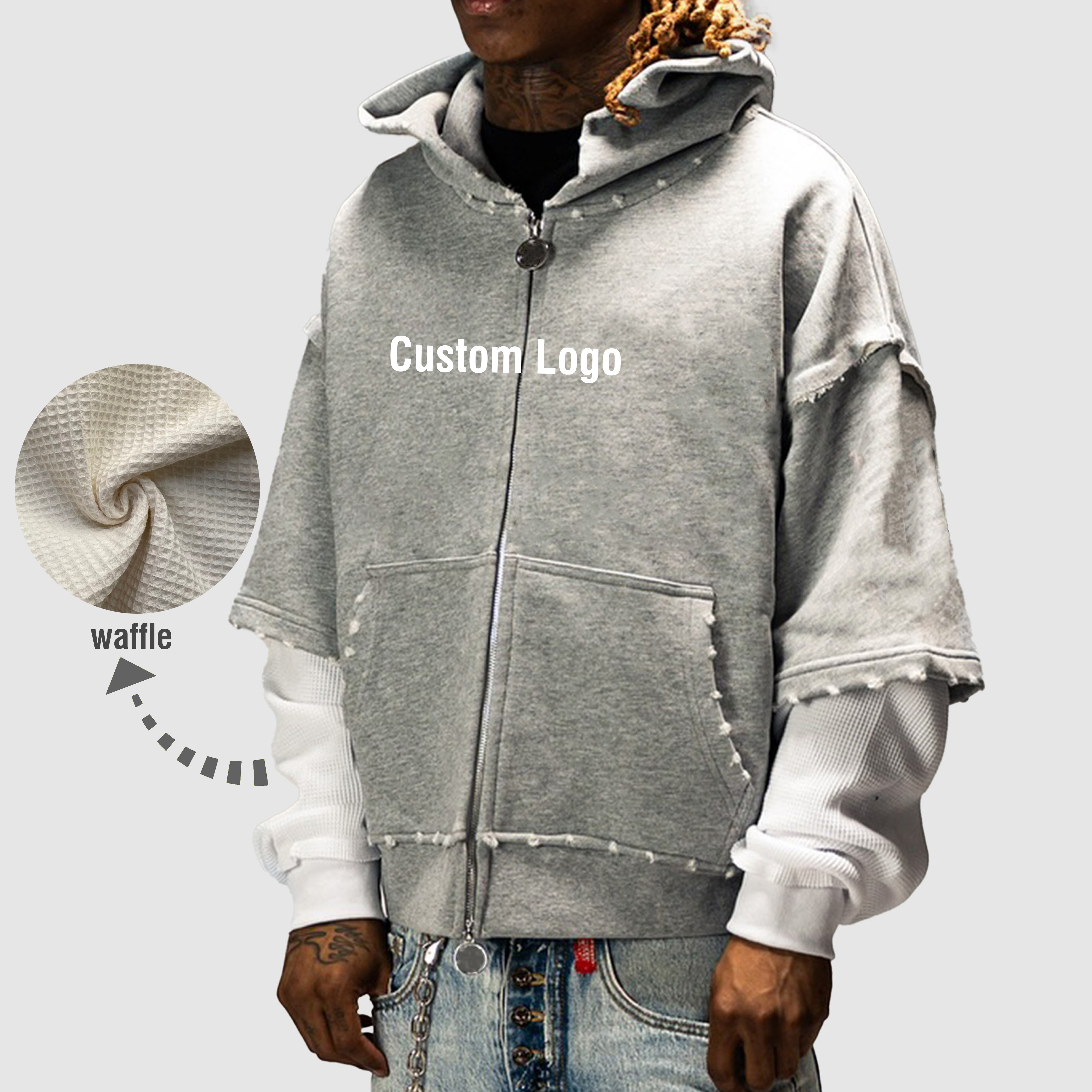 Waffle Knit Zip Hoodie - Men's Oversized Windproof Design