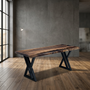 Juego de Mesa de Comedor de Madera con Borde Natural, Estilo Industrial Moderno, con Patas en X de Hierro, Rectangular, Muebles de Comedor de Madera - Product Image 2