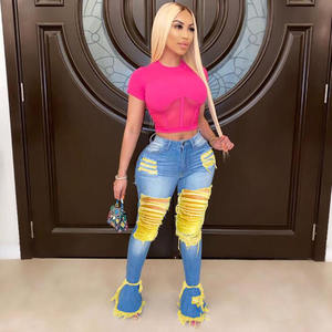 Sexy Women Ripped Jeans Fringe Hollow Out <strong>Ruffle</strong> Flare <strong>Denim</strong> <strong>Pants</strong> High Waist Hole Women Trousers Jeans - Product Image 3