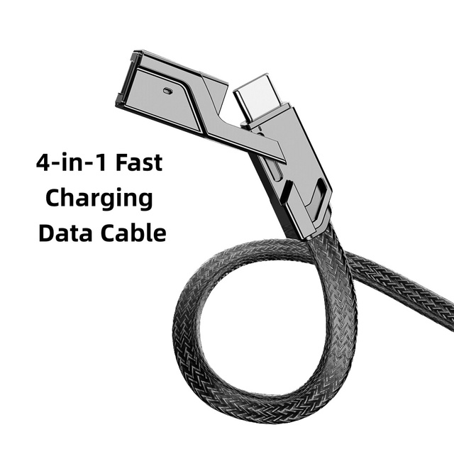 4-in-1 1m USB-C Dual-Ended PD 100W Fast Charging Cable with LED Light Nylon Braided Anti-Break for Phones & Laptops
