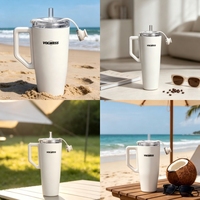 Gobelet isotherme en acier inoxydable de 30 oz avec poignée et paille, compatible porte-gobelet de voiture