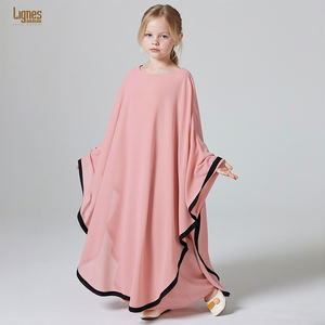 Abaya pour filles en mousseline de soie avec châle, bordure rose et noire, décontractée, idéale pour le printemps, l'été et l'automne - Product Image 1