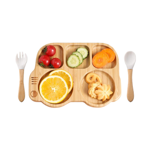 Plato dividido de bambú totalmente natural con cuchara de silicona, tenedor, plato de destete antideslizante para bebés, platos de succión para la hora de la comida de los niños pequeños - Product Image 1
