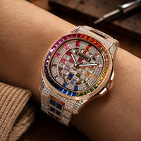 OBLVLO Montre Automatique de Luxe Ronde 40mm Or Rose Lumineuse avec Lunette Zircon/Moissanite Baguette Arc-en-ciel Élégante FM-DSL-AD