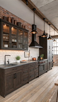 Lemari Dapur Vintage Kustom VERMONHOUZZ dengan Aksen Lampu Gantung Tembaga dan Gagang Kuningan untuk Rumah Bersejarah