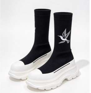 Bottes chaussettes noires pour femme, mi-mollet, bout rond, plateforme, semelle épaisse, doublure chaude et moelleuse, semelle extérieure en EVA, chaussures décontractées streetwear pour l'hiver - Product Image 3