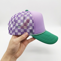 Gorra Trucker de 5 Paneles con Espuma y Malla, Cuerda, Bicolor Morado y Verde, Visera Curva, Corona Alta, Cierre Ajustable, Gorra de Béisbol para Verano