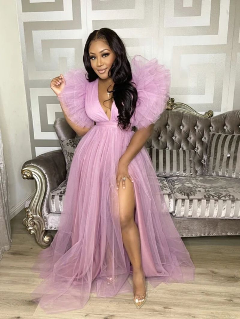 Y207213 Sweet White Pink Loose Gauze Slit 5XL Plus Size Vestido De Noite  Bridesmaid Evening Dress