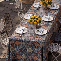 Nappe Jacquard Géométrique Ethnique Persane Moderne Bleu Marine Foncé Imperméable, Housse de Table Tissée pour Repas en Extérieur et Décoration de Fête