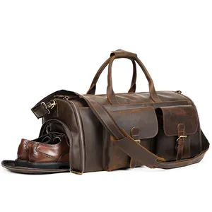 MARRANT Crazy Horse Leather Men Weekend Luggage Travel Bag With Shoes Compartment Garment Duffle Bags Genuine Leather Travel Bag