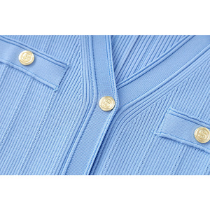 Abito Elegante da Donna Autunno-Inverno, Nuovo Modello con Scollo a V, Maniche Lunghe, <span class=keywords><strong>Blu</strong></span> e Nero, con Volant, Slim Fit in <span class=keywords><strong>Maglia</strong></span> - Product Image 4