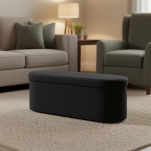 เก้าอี้ออตโตมันทรงรีสีดำบุผ้าขนเท็ดดี้แบบพับได้ เฟอร์นิเจอร์ห้องนั่งเล่น รับน้ำหนักได้ 660 ปอนด์ - Product Image 2