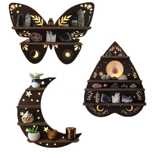 Wooden Moon Butterfly <b>Wall</b> Shelf 3 Tier Irregular Shape Decorative Crystal <b>Display</b> For Bedroom - Product Image 1