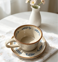 Ensemble tasse et soucoupe en céramique, plateau rétro à motif floral, mug en grès mat moucheté pour café, cappuccino, pour café, maison, cuisine