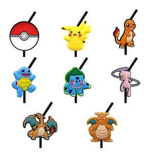 PVC Cute Anime Straw Cover kawaii Cartoon Character Pikachu Dragon Reusable Dust and Splash Prevention Straw Topper Accessories