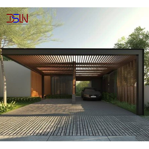 Abri de voiture double moderne haut de gamme en alliage d'aluminium thermolaqué avec cadre à grain de bois, toit en arche, étanche, pour bureau commercial, 2 voitures - Product Image 1
