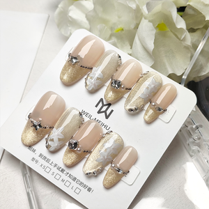 <span class=keywords><strong>Uñas</strong></span> Acrílicas Adhesivas en Forma de Almendra, Color <span class=keywords><strong>Rosa</strong></span> Nude Brillante <span class=keywords><strong>con</strong></span> Destellos Dorados Champán y Pedrería, Reutilizables - Product Image 4