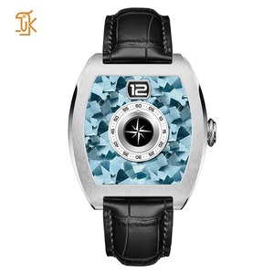 Montre mécanique automatique Jumping Hour, cadran en carbone forgé bleu glacé, boîtier tonneau, acier inoxydable 316L, White Label, montre-bracelet pour homme - Product Image 1