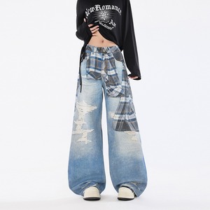 Vaqueros de Pierna Ancha Estilo Americano <span class=keywords><strong>para</strong></span> <span class=keywords><strong>Mujer</strong></span> y Niña, Otoño, Pantalones Rectos Holgados de Cintura Alta con Parches a Cuadros y Bloques de Color - Product Image 4