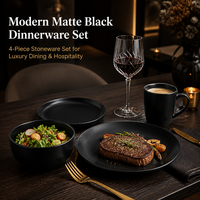 Service de vaisselle moderne en céramique noir mat 4 pièces : assiette plate, assiette à salade, bol à céréales, tasse à café pour restaurant et maison