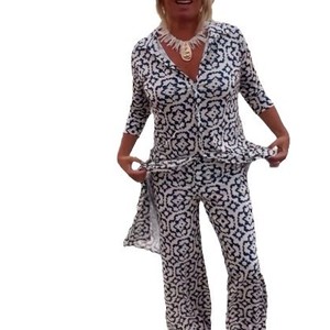 Ensemble chemise boutonnée à revers imprimé rétro pour femme, en fibre de viscose, manches classiques, pantalon, costume décontracté, Europe, Amérique, Asie du Sud-Est - Product Image 4