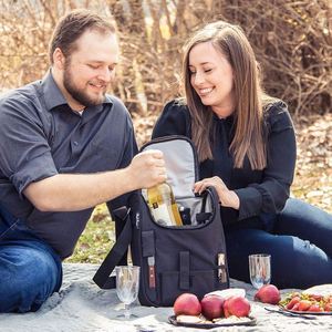 BSCI Factory Insulated Travel Wine <b>Tote</b> <b>Bag</b>, Portable 2 Bottle and Cheese Waterproof <b>Black</b> <b>Canvas</b> Carrier Set with Picnic - Product Image 3