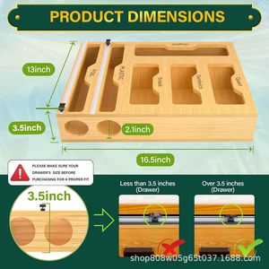 Boîte de rangement murale en bois pour film alimentaire, avec coupe-film en aluminium et plastique, organisateur de cuisine rectangulaire couleur bois naturel - Product Image 4