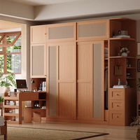 Armoire à portes battantes en placage de bois, style Mid-Century, avec tressage en rotin, lignes décoratives et poignée métallique, meuble de chambre