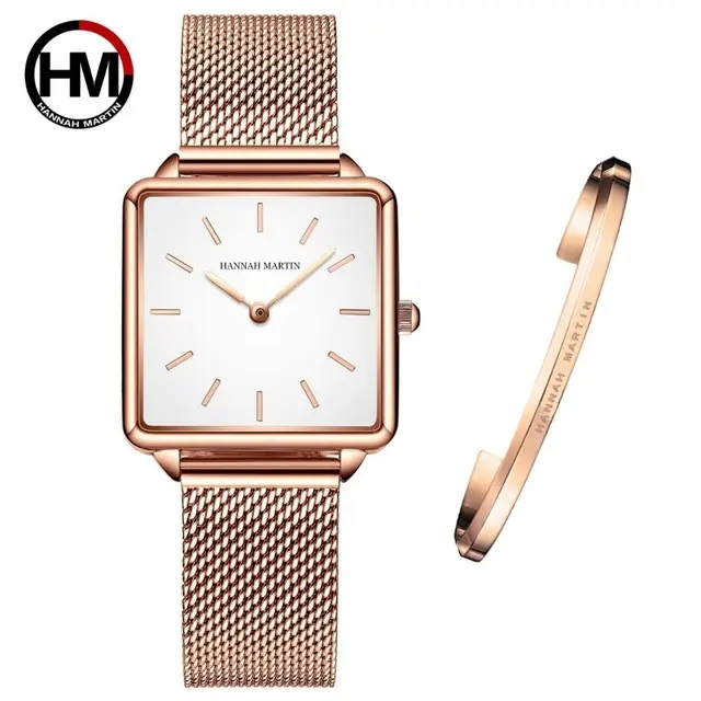 Hannah Martin Watch Women 1 Set Bracelet Japan Movement Simple Fashion Ladies Watch Rose Gold Steel Mesh Square Dial Reloj Mujer