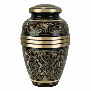Urna Funeraria de Latón Hecha a Mano de Lujo, Estilo Art Deco Grabado en Negro y Dorado, Cilíndrica, para Cenizas Humanas, Capacidad de 3-4L - Product Image 1