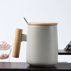 Ceramic <b>Mug</b> With Wooden Handle And Lid <b>Set</b> For Tea Coffee Business Gift Solid Color White Black 300Ml - Product Image 3