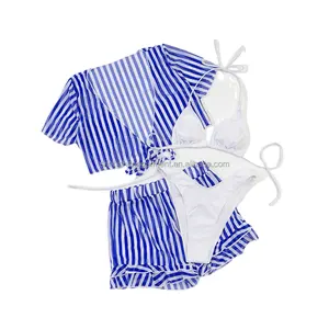 Custom Transparent Blue White Stripes 4 Pieces Striped Bikini Swimsuit & Ruffle Beach Wear Cover Up