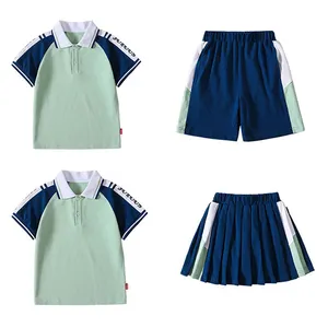 customized design primary school kindergarten boy girl shorts skirt polo shorts 2 pieces green OEM fabric school uniform design