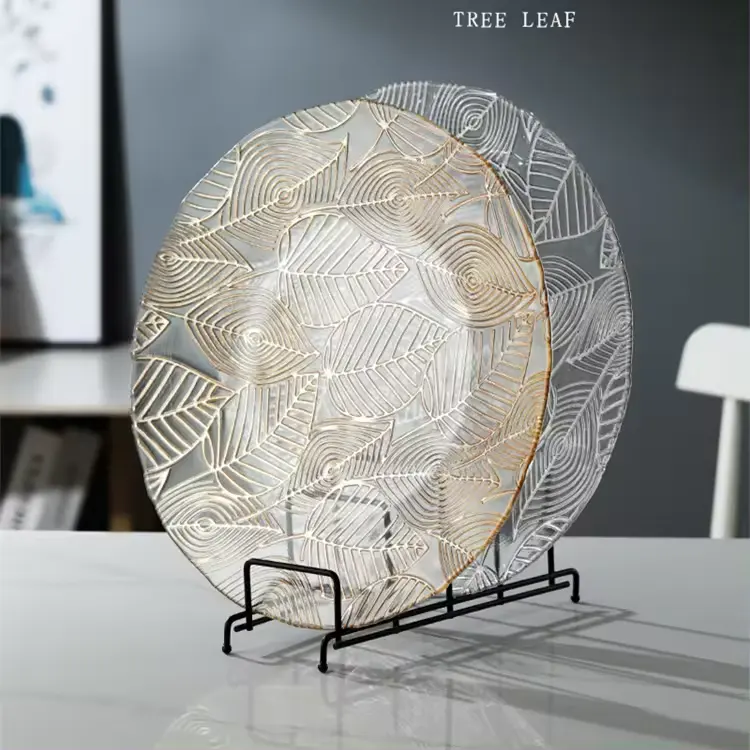 Hotel Glass Dinning Tableware 13 inch Gold Tree Leaf Stripes Glass Charger Plate For Wedding