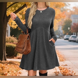 Vestidos de Moda Bohemios Asimétricos para Mujer, Otoño/Invierno, con Cuello Abullonado, Color Sólido - Product Image 3