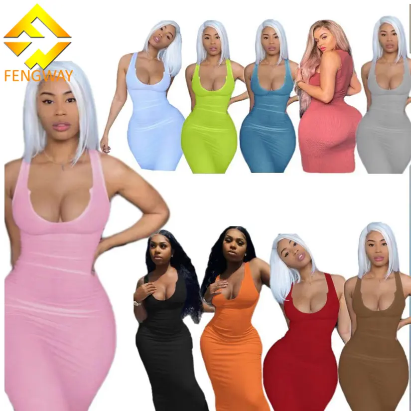 Fengway 2024 penjualan terlaris gaun kasual benang Solid Gaun Bodycon ramping tanpa lengan gaun leher V untuk wanita