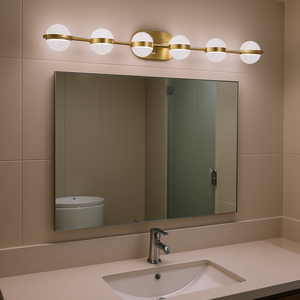 Luminaire de salle de bain LED minimaliste doré à 6 lumières, applique murale blanc chaud pour miroir, finition chrome poli - Product Image 2