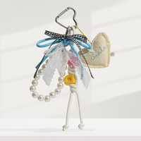 Breloque de sac personnalisée Kawaii en forme de cœur, porte-clés, pendentif en paracorde avec nœud, perle et dentelle, OEM, faible MOQ, vente en gros, accessoire pour jeune fille