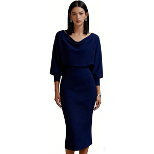 เดรสผู้หญิงคอวีแบบพันรอบตัว ความยาวปานกลาง - เดรสทรงเข้ารูปแขนทรงปีกค้างคาว พร้อมผ่าหลัง แฟชั่นเดรสผู้หญิง - Product Image 2