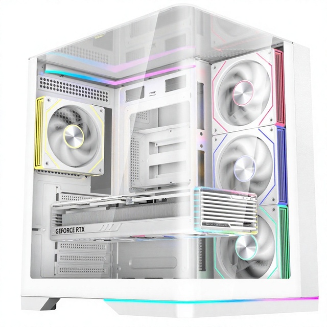 PC Tower Case with Fans ARGB Underglow LED Footpad Triple Glass Seamless Curved Dual Chamber ATX Gaming Case Optional Top LED