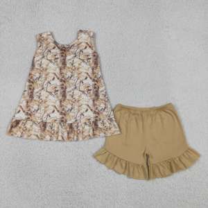 GSSO3467 rts Conjunto sin mangas para niña pequeña con estampado de hojas marrones de árbol real, venta al por mayor, conjunto infantil para niña - Product Image 1