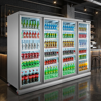 Réfrigérateur commercial à refroidissement par air +2°C pour boissons, en acier galvanisé, 4 portes vitrées, éclairage LED, sans givre, Danfoss