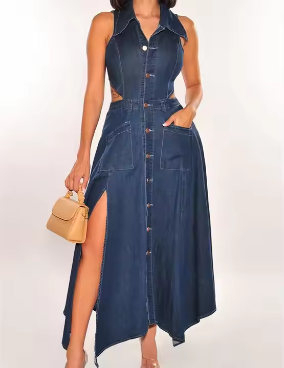 New Arrival High Quality Summer Denim Dress Noble Retro Lapel Sleeveless Exposed Waist Split Acid Wash Modest Jeans Dress| Alibaba.com New Arrival High Quality Summer Denim Dress Noble Retro Lapel Sleeveless Exposed Waist Split Acid Wash Modest Jeans Dress| Alibaba.com