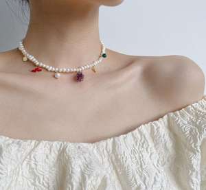 Collar <span class=keywords><strong>de</strong></span> Perlas <span class=keywords><strong>de</strong></span> Agua Dulce Auténticas con Cuentas <span class=keywords><strong>de</strong></span> Colores Dulces y Frutas para Niñas, Joyería Jietao - Product Image 3