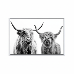 Highland Cow Canvas Print: <b>Black</b> & White Scottish Farmhouse Decor,WHITE <b>FRAMED</b> CANVAS - Product Image 2