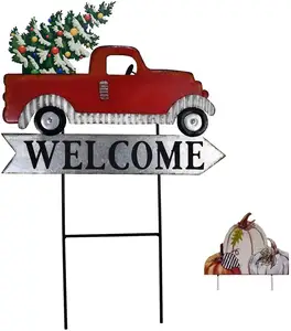 Oniya Seasonal Yard Stake Garden Metal Red Pickup Truck Welcome Sign with Pumpkin Christmas Tree Loads