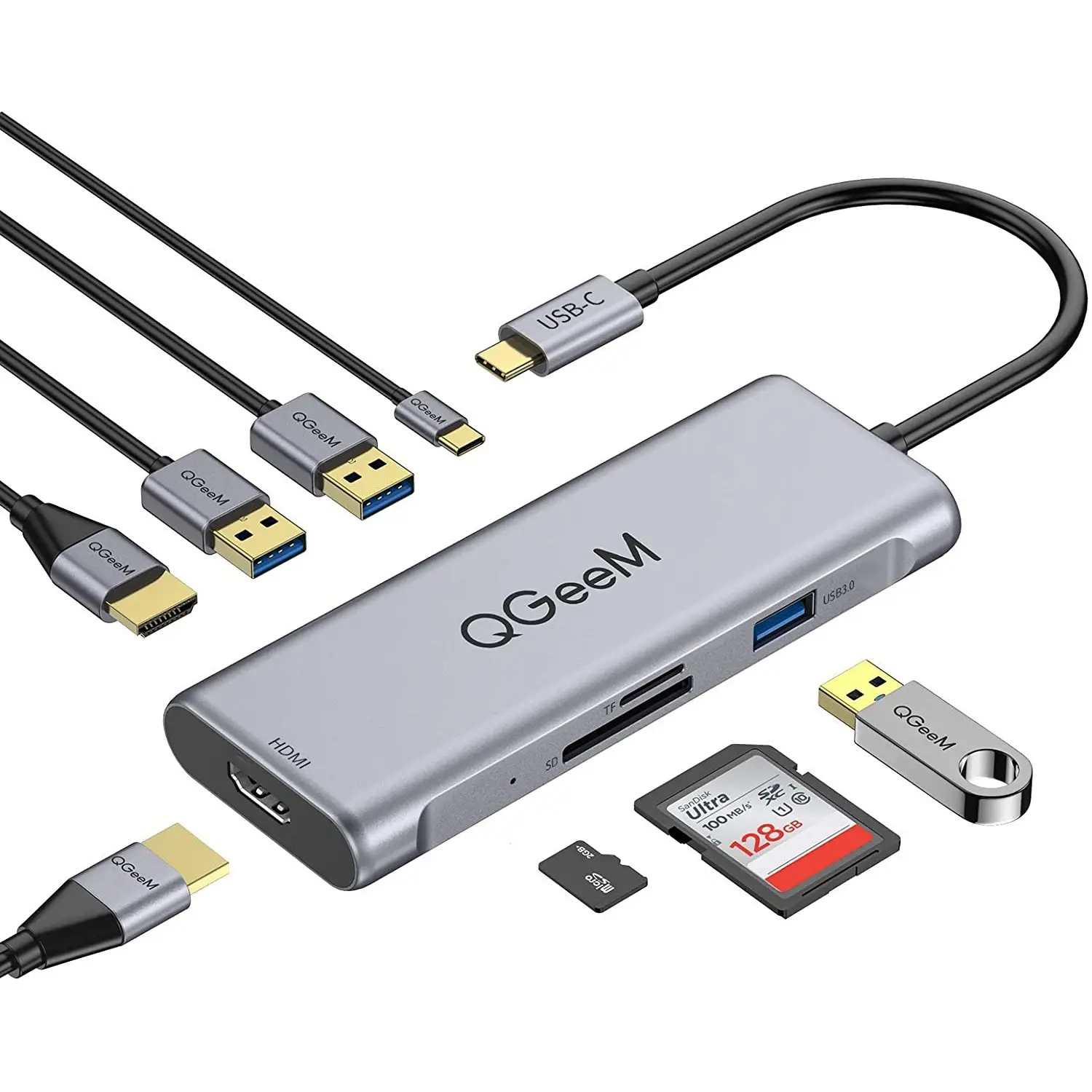 USB-концентратор, док-станция QGeeM 8 в 1, мини-Док-станция типа C, Двойная док-станция HDM I 4K @ 30 Гц, USB C PD 100 Вт SD/TF совместим с MacBoo k Pro XPS Del l H P